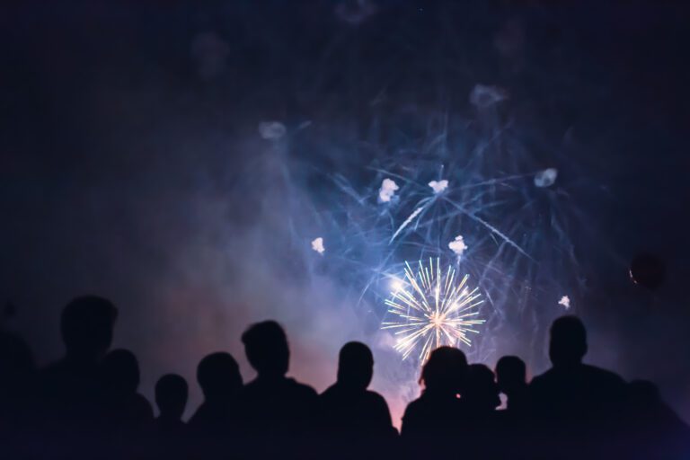 Crowd watching fireworks and celebrating new years eve